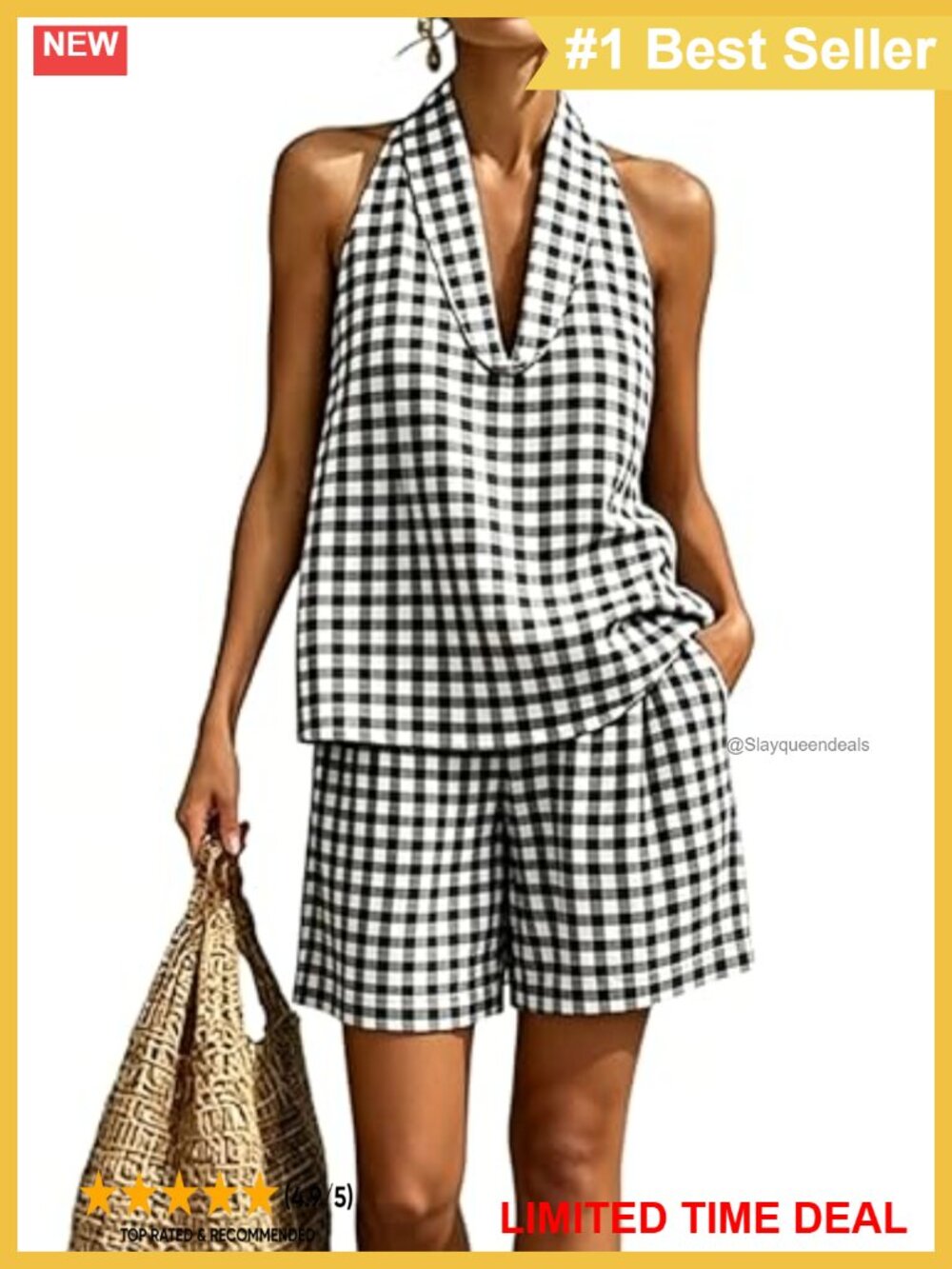 Cotton Gingham Plaid Halter Tank Top & Shorts 2 Piece Set Summer Beach Vacation